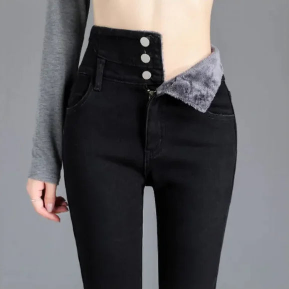 Women's High Waist Jeans Trendy Plush Fleece