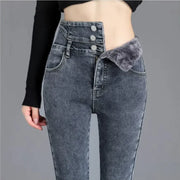 Women's High Waist Jeans Trendy Plush Fleece