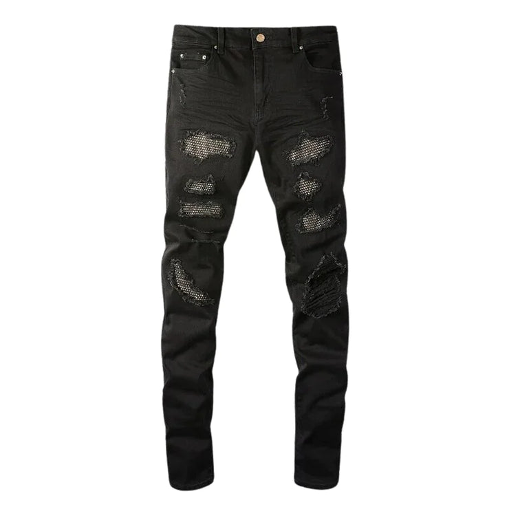 Men's Crystal Rhinestone Patchwork Ripped Skinny Jeans