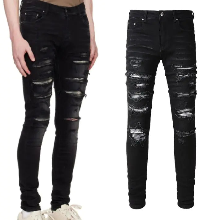 Collated Grey White Dyed Elastic Slim Fit Black Jeans For Men